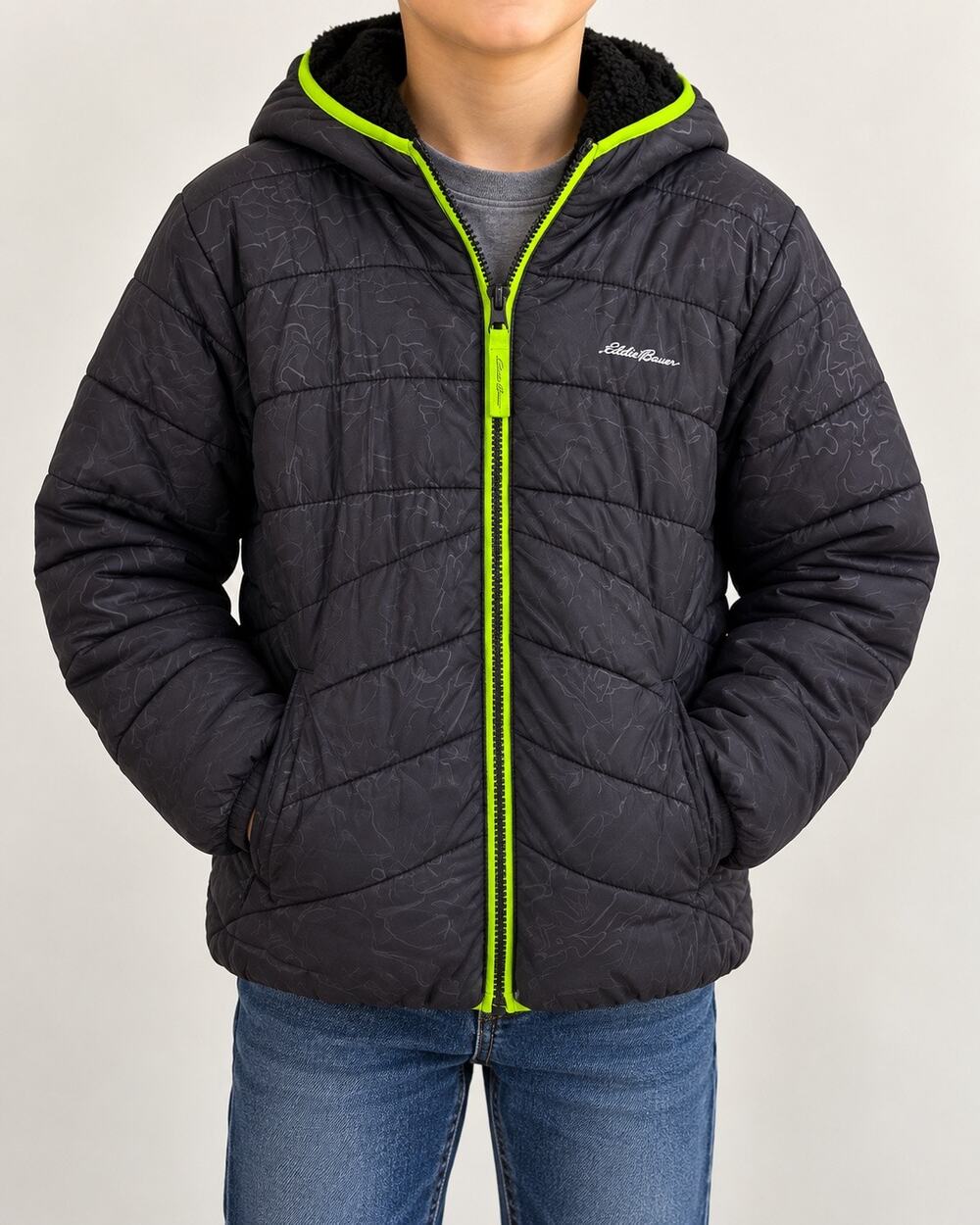 Eddie Bauer Boys Reversible Sherpa Puffer Jacket Hooded Gorpcore Black Neon